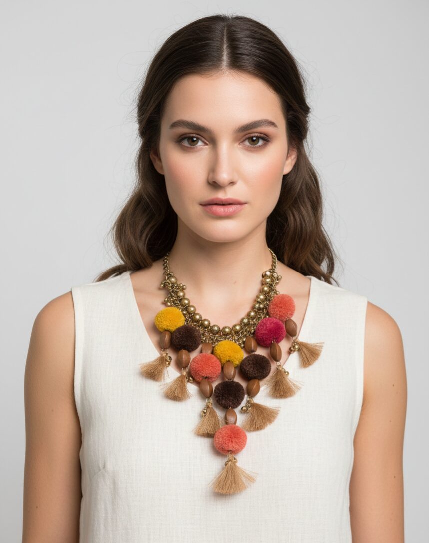 Collana girocollo regolabile realizzata con pom pom e nappine con i colori della terra ed elementi bronzati anallergici.
lunghezza 45cm