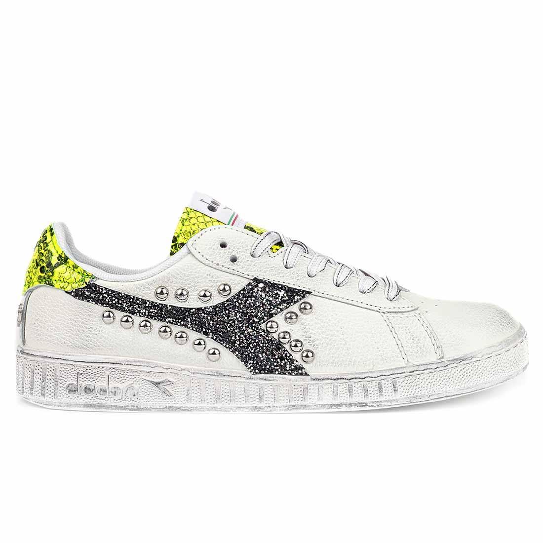 Diadora Game Low Pitonate Giallo Fluo con Glitter Nero e Borchie - immagine 2