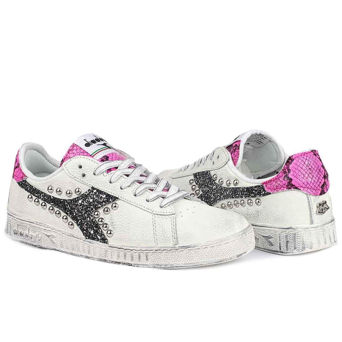 Diadora Game Low Pitonate Rosa Fluo - Glitter Nero con Borchie - immagine 6