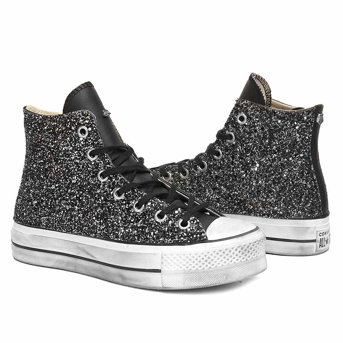 Converse All Star Platform in Pelle Alte Nere con Glitter - immagine 5