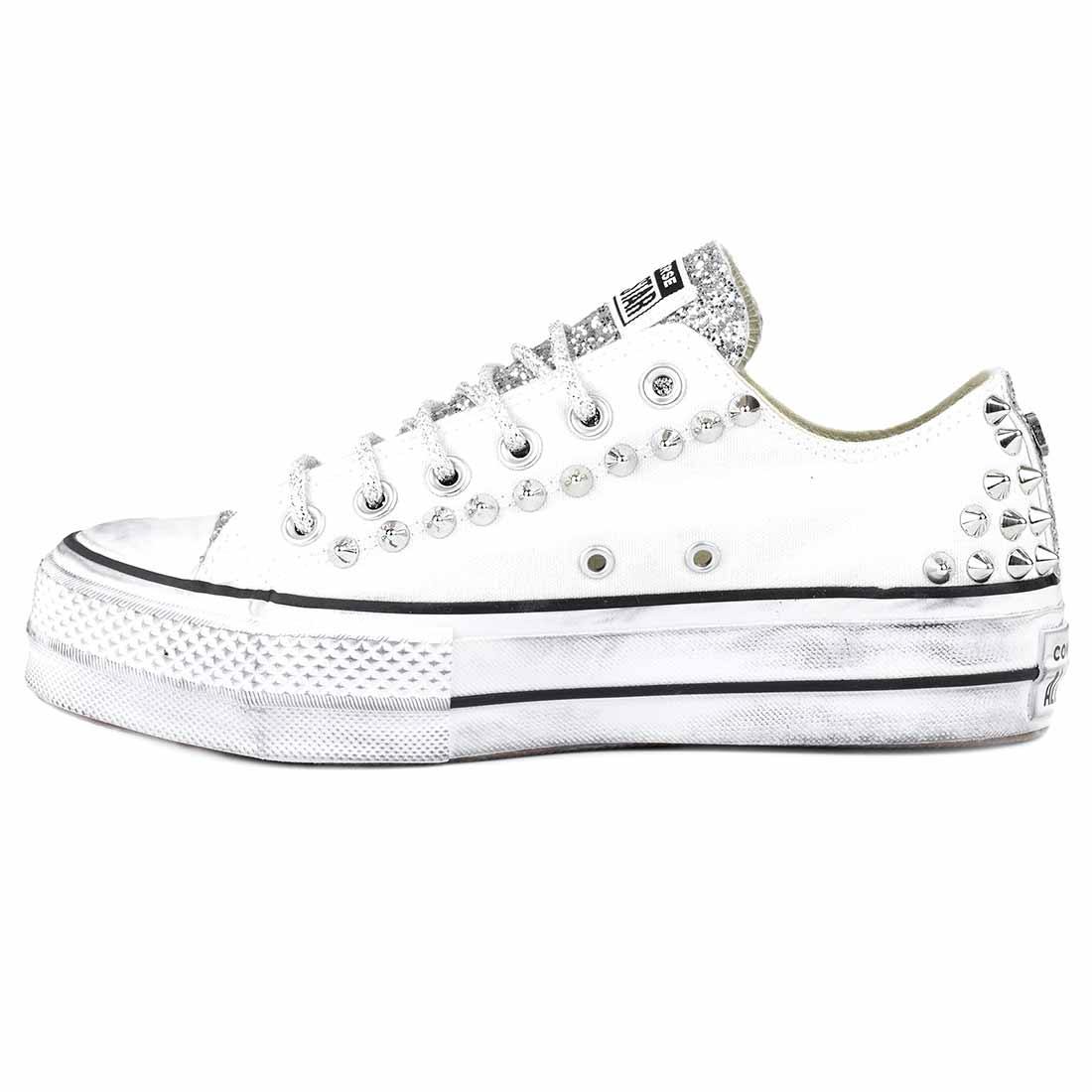 Converse All Star Borchiate con Glitter Argento - Basse suola Platform - Bianche - immagine 4