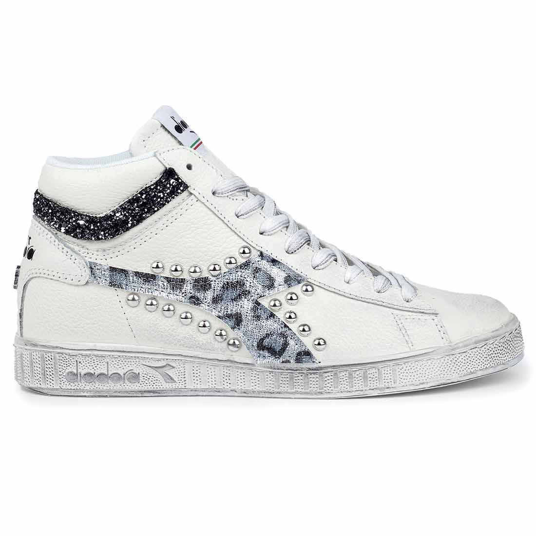 Diadora Game L High Leopardate Argento con Borchie e Glitter - Outlet - immagine 2