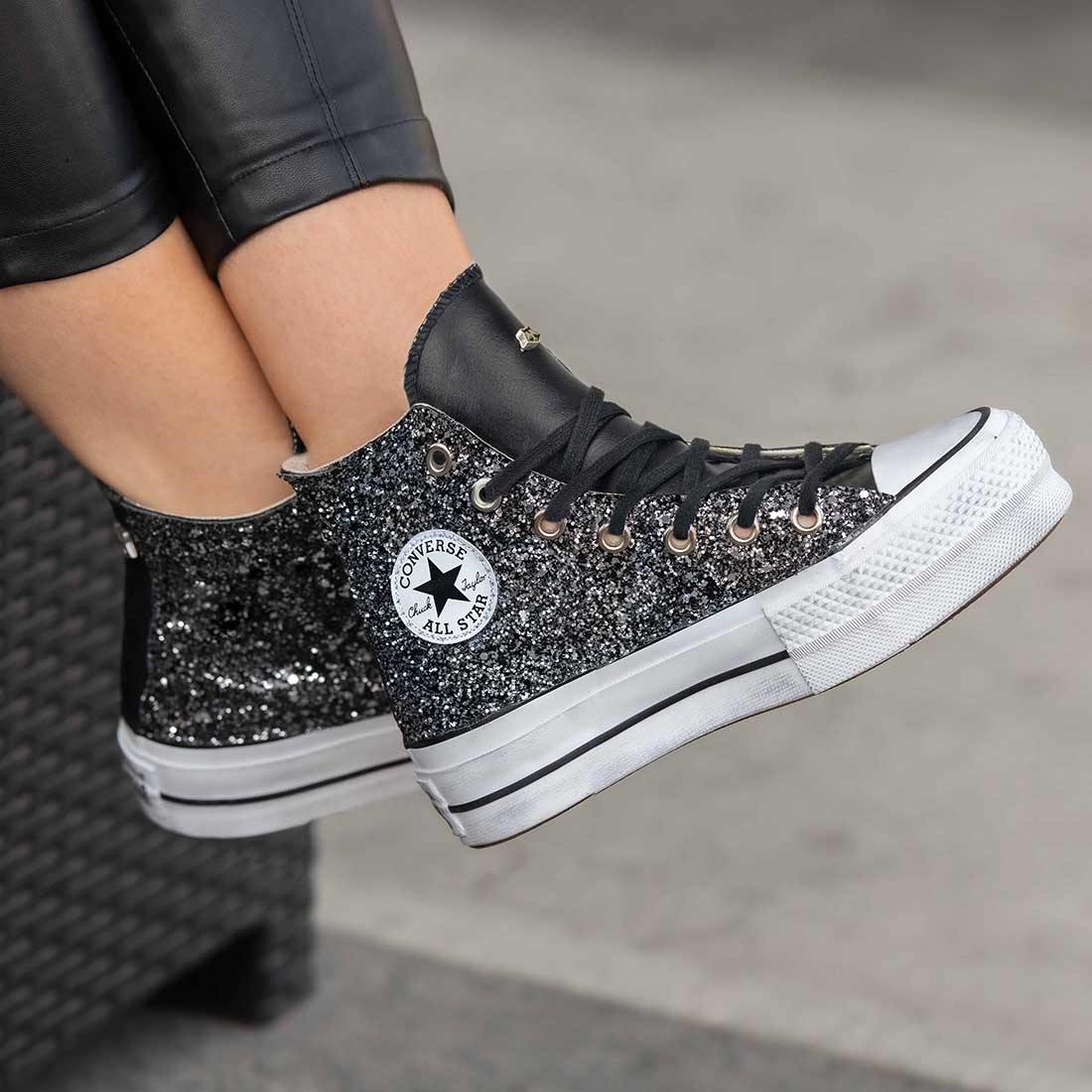 Converse All Star Platform in Pelle Alte Nere con Glitter - immagine 3